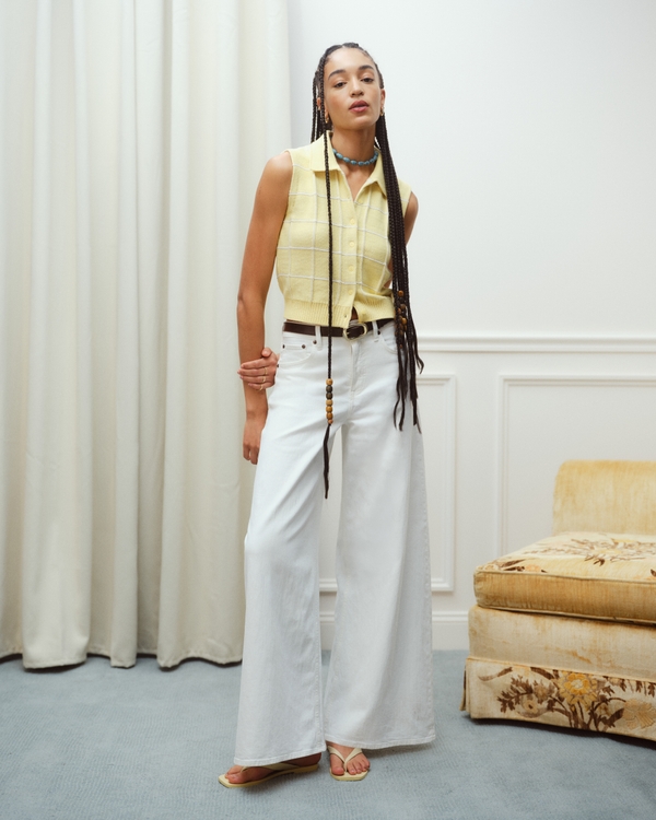 Linen-Blend High Rise Ultra Wide Leg Jean, White view 1