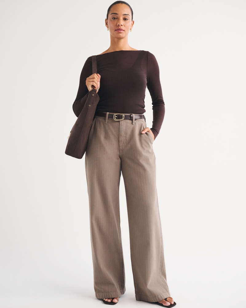 Curve Love High Rise Wide Leg Trouser Jean - light brown by Abercrombie & Fitch