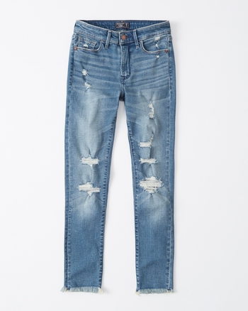 Jeans rasgados superajustados al tobillo de tiro medio | Mujer Liquidación | Abercrombie.com