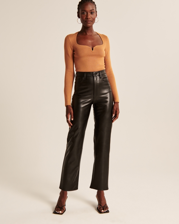 Vegan Leather Ankle Straight Pant, Black