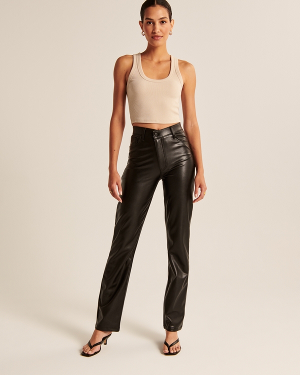 Criss-Cross Waistband Vegan Leather 90s Straight Pant, Black view 2