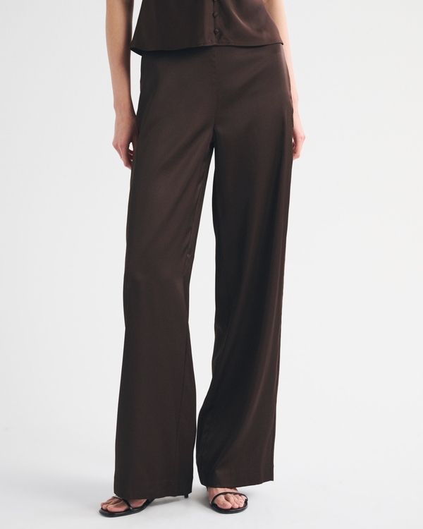 Satin Side-Zip Wide Leg Pant, Dark Coffee view 2