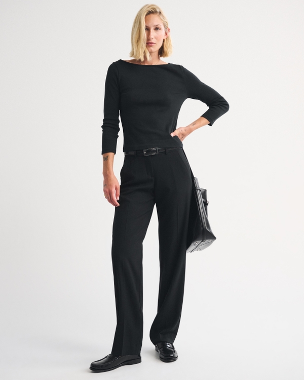 Low Rise Tailored Straight Leg Pant, Black view 1