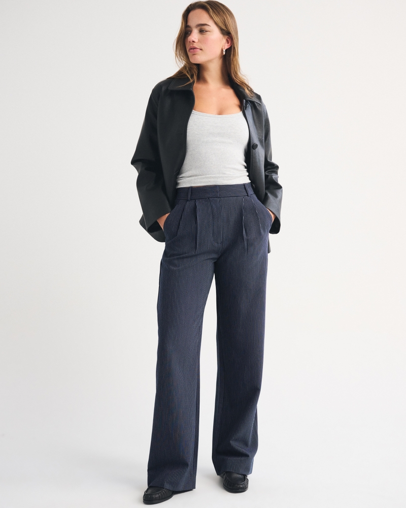 A&F Sloane Tailored Wide Leg Pant - navy pinstripe by Abercrombie & Fitch