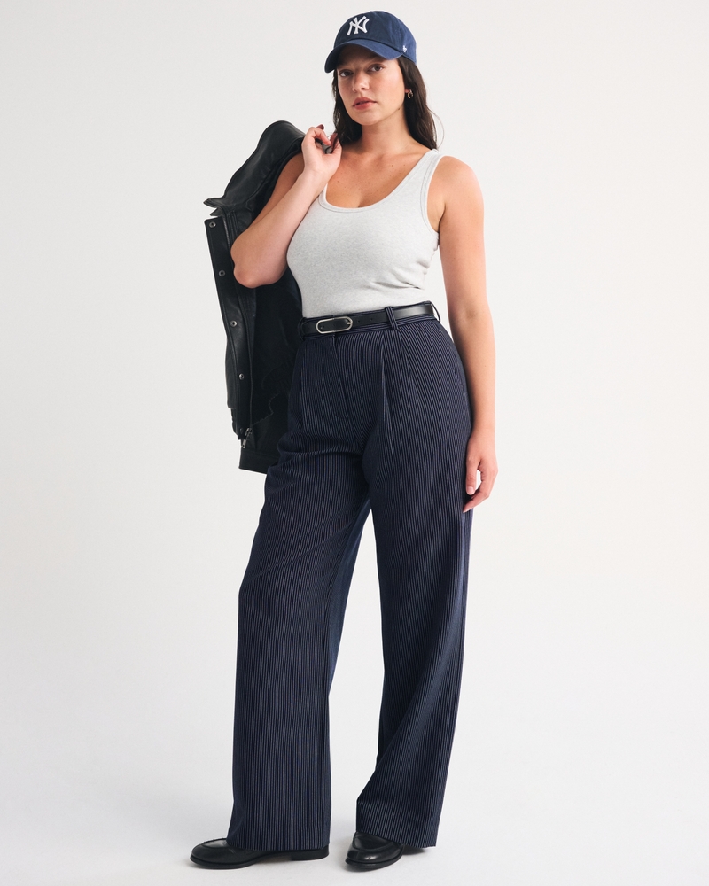 Curve Love A&F Sloane Tailored Wide Leg Pant - navy pinstripe by Abercrombie & Fitch