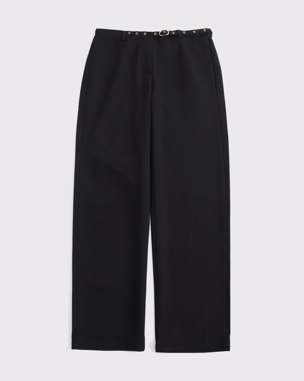 Low Rise Bandless Tailored Hardware Wide Leg Pant, Black Belted view 1