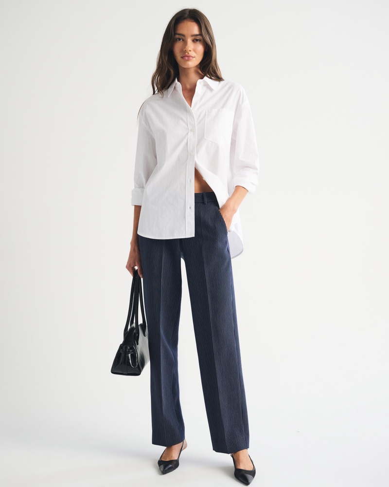 Low Rise Adjustable Waist Tailored Straight Pant - navy pinstripe by Abercrombie & Fitch