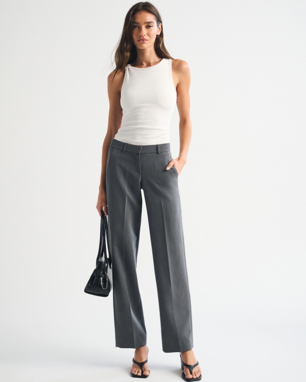 Low Rise Adjustable Waist Tailored Straight Pant, Gray Heather view 1