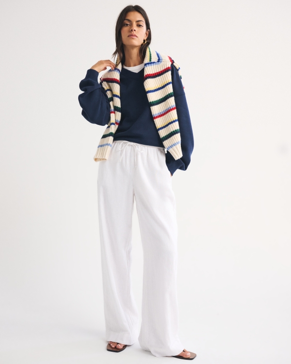 A&F Gemma Linen-Blend Wide Leg Pull-On Pant, White view 1