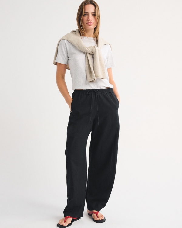 Linen-Blend Barrel Pull-On Pant, Black view 1