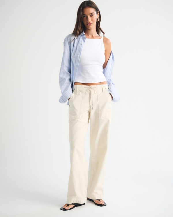 100% Cotton Low Rise Ultra Loose Weekender Pant, Cream view 1