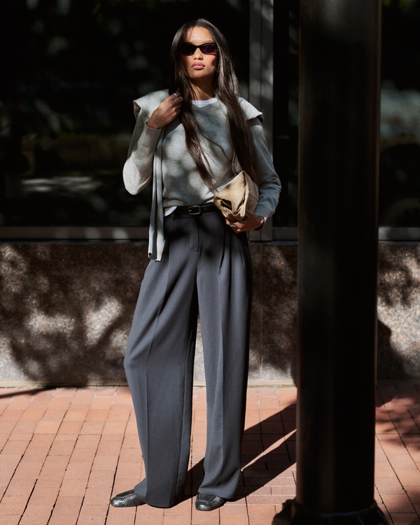 A&F Timeless Adjustable-Waist Wide Leg Trouser, Black view 1
