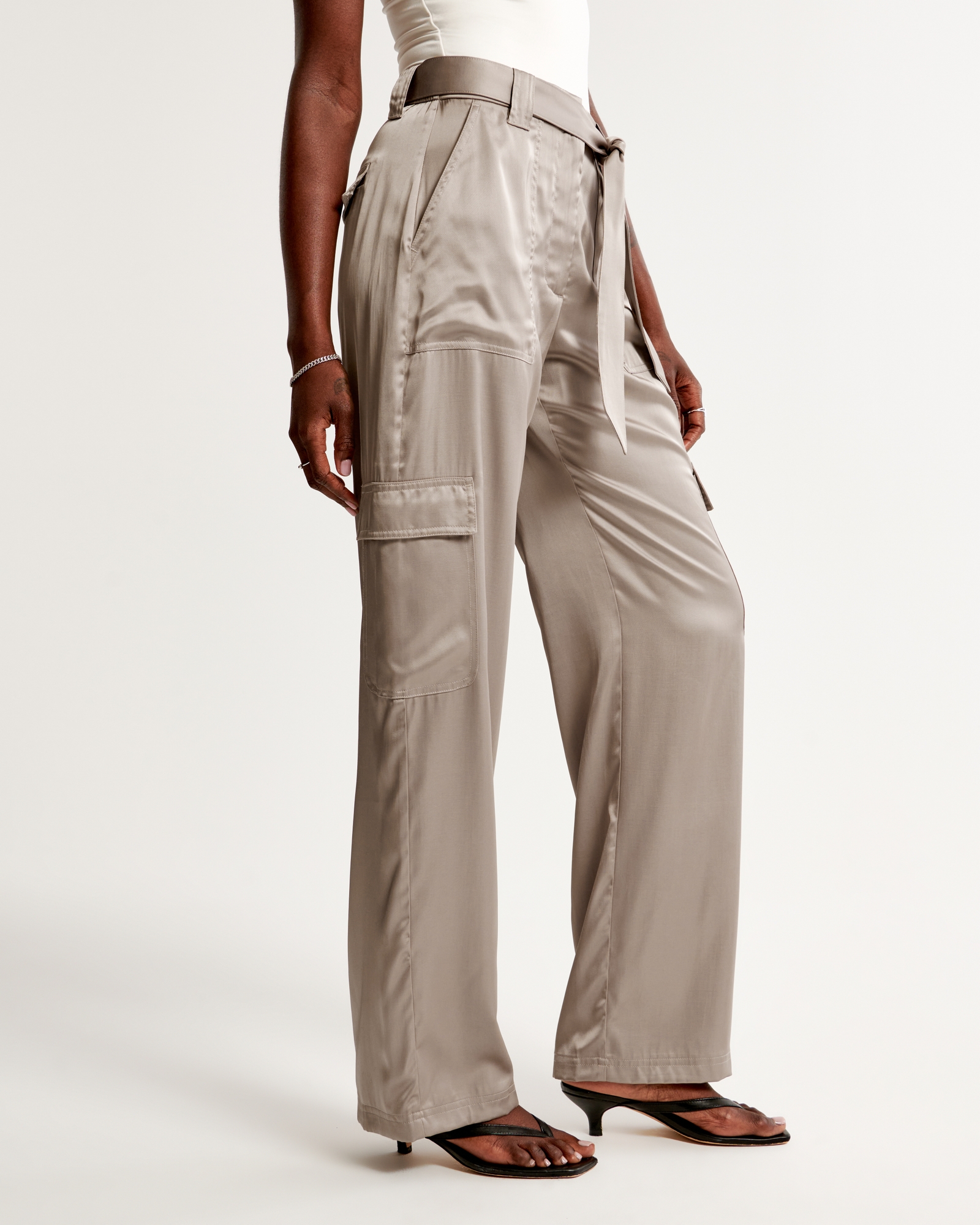 Women's Belted Baggy Satin Cargo Pant, Women's Clearance