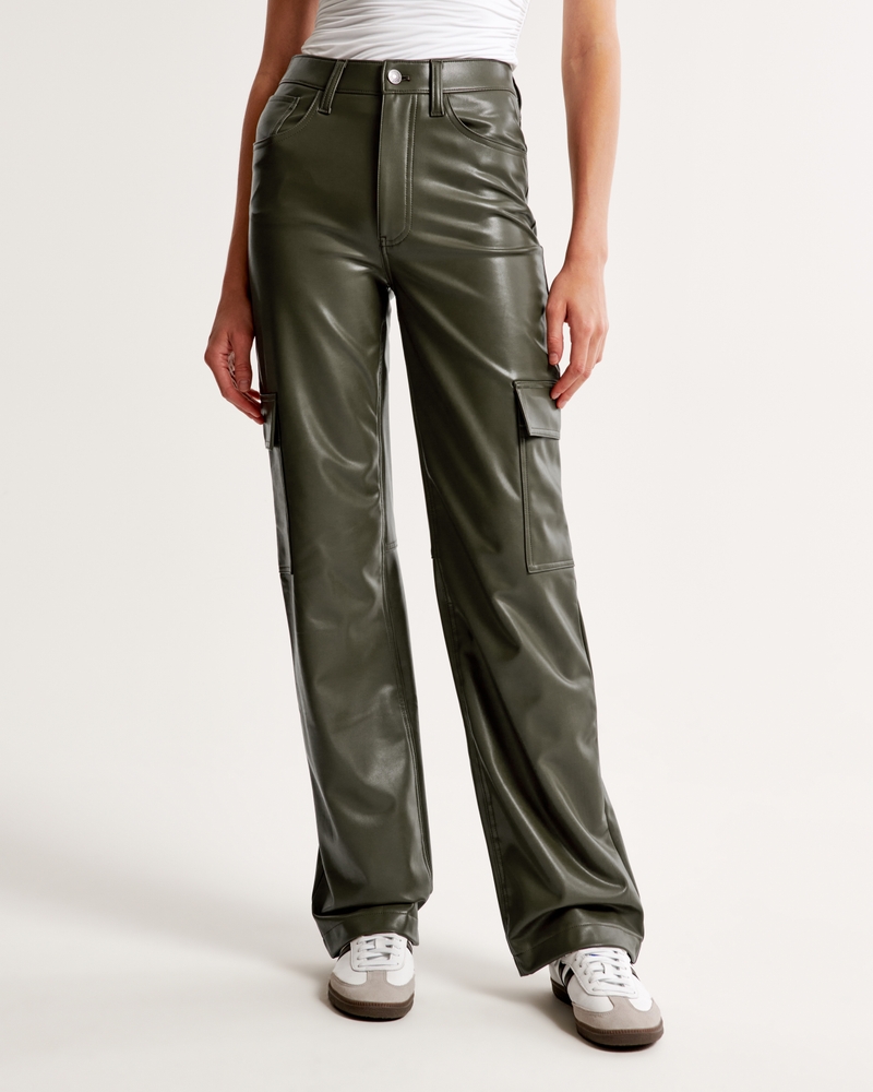 Finest Faux Leather Cargo Flare Pants - Green