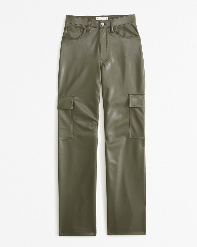 Black Cargo Pants Straight Fit High Rise Faux Leather