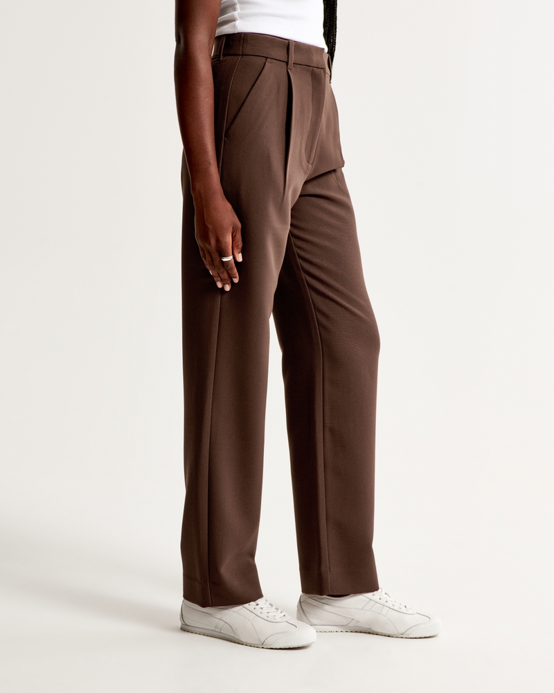 Khaki Pant Suit for Women Solid Color Loose Fit Straight Leg Suit