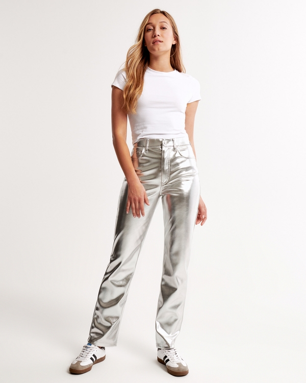 Vegan Leather 90s Straight Pant, Silver