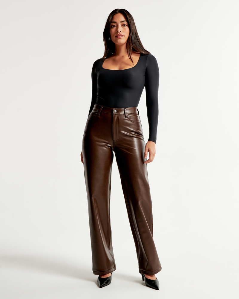 Fashion Solid Color Bell Bottoms Slim Pu Leather Pants High Waist Straight  Leg Trousers Vegan Leather Shorts Plus Size, Black, Small : :  Clothing, Shoes & Accessories