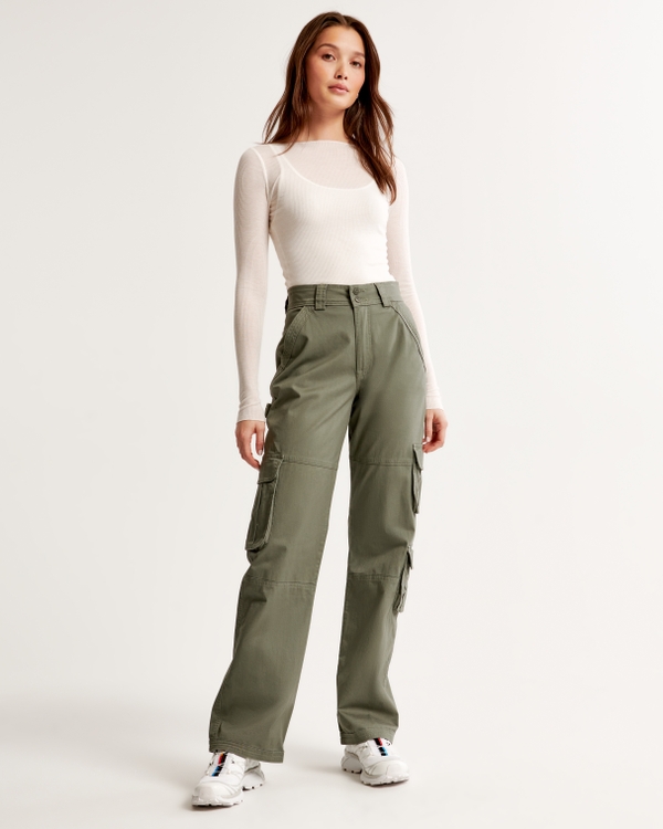 GENERICO Pantalones cargo elásticos de cintura alta para mujer - Gris