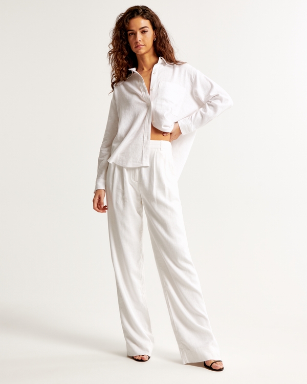 Pantalon ajusté en lin mélangé Sloane A&F, White