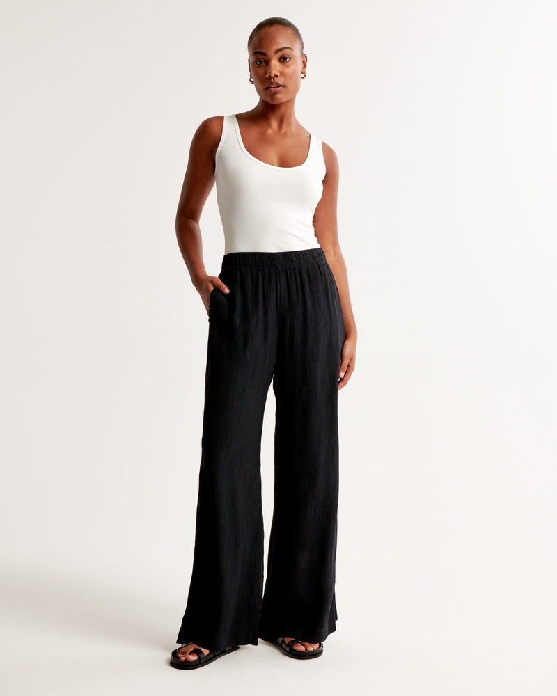 Wide-cut Pull-on Pants - Black/patterned - Ladies