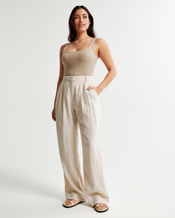 Curve Love A&F Sloane Tailored Linen-Blend Pant, Light Beige