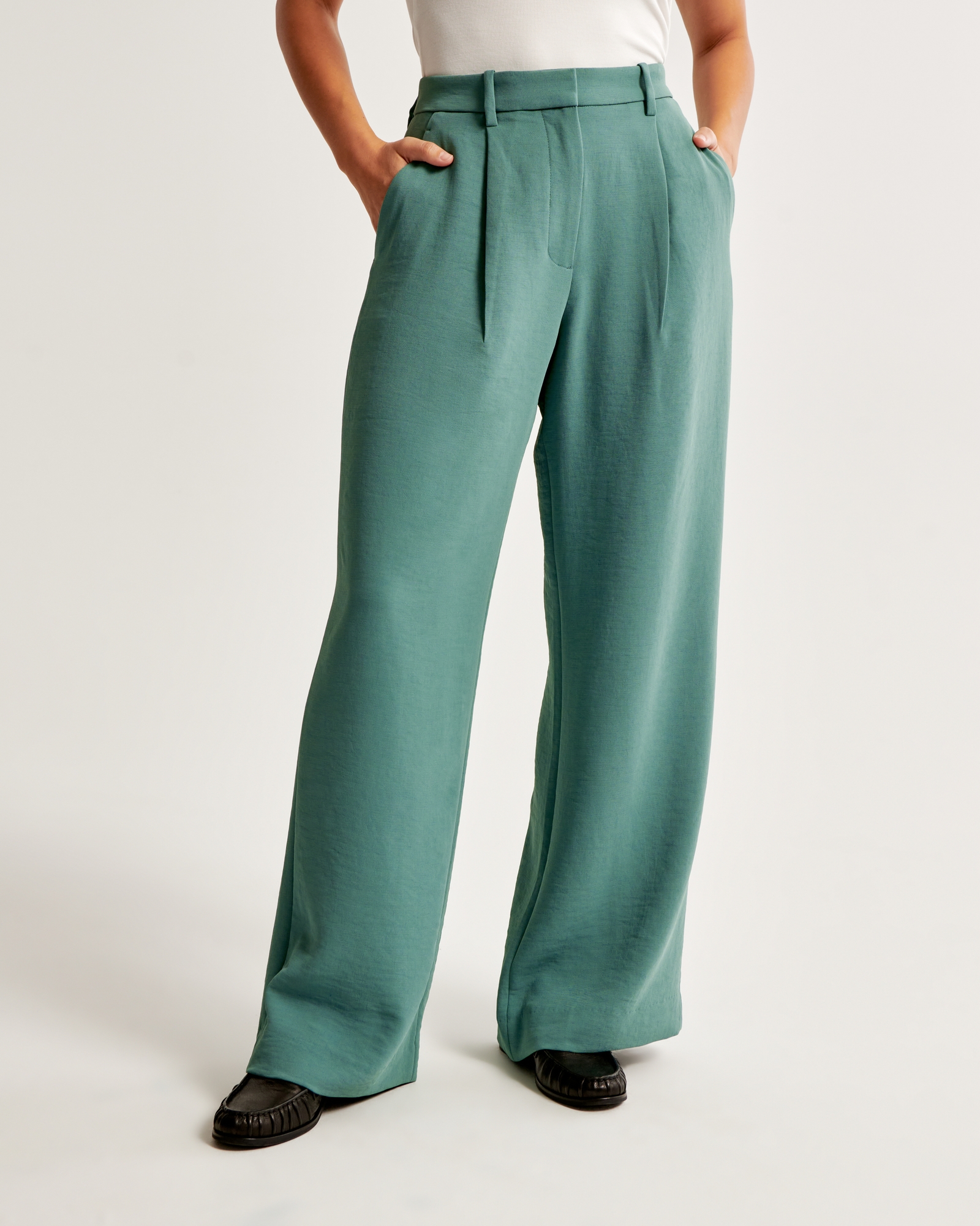 Quince Stretch Crepe Pleated Wide Leg Pant NWT Green XL