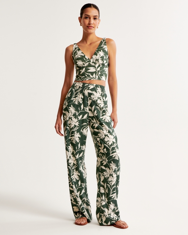 Linen-Blend Pull-On Pant, Green Floral