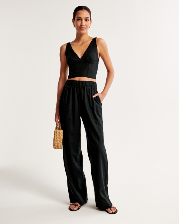 Linen-Blend Pull-On Pant, Black