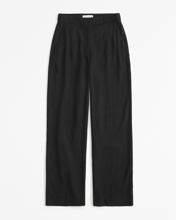 Linen-Blend Tailored Straight Pant, Black