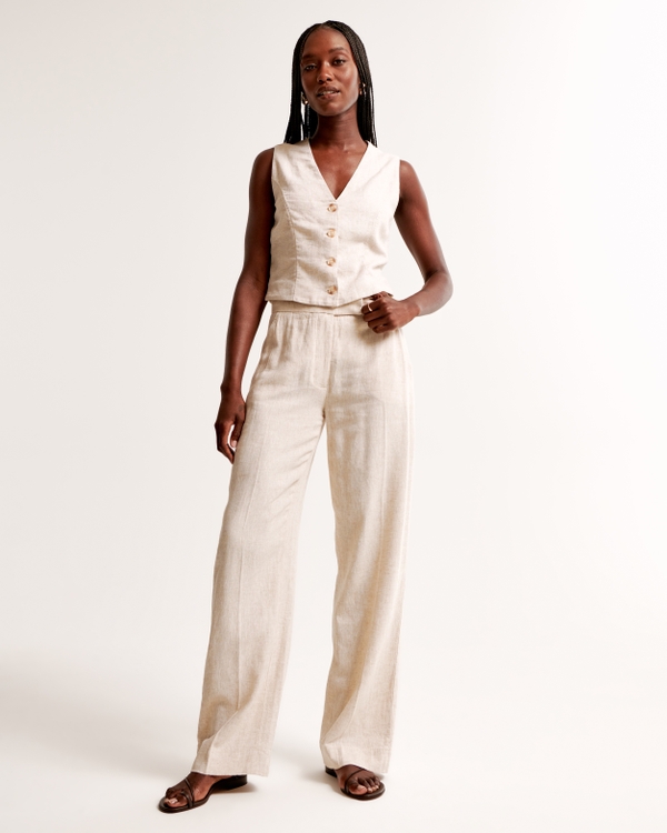 Linen-Blend Tailored Straight Pant, Oatmeal