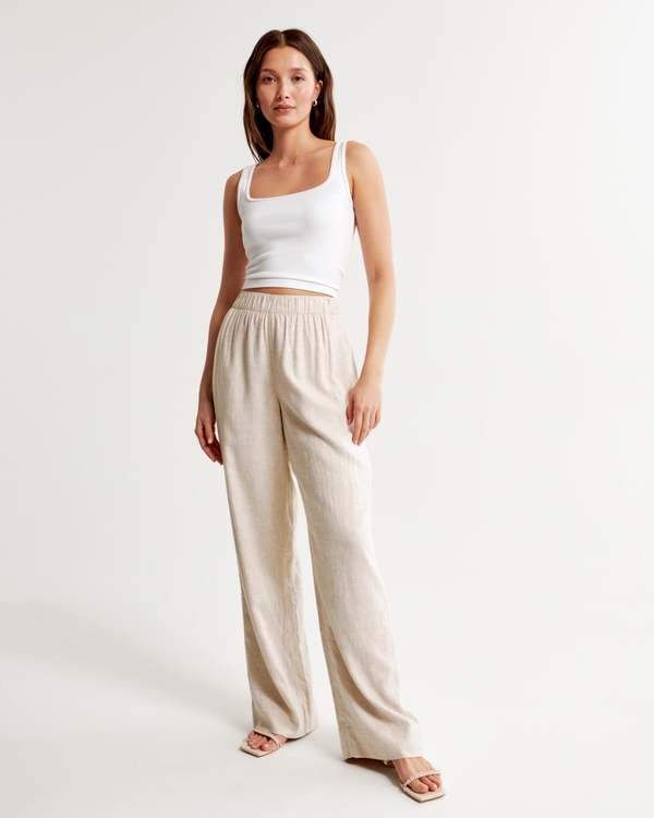 Linen-Blend Pull-On Pant, Light Beige