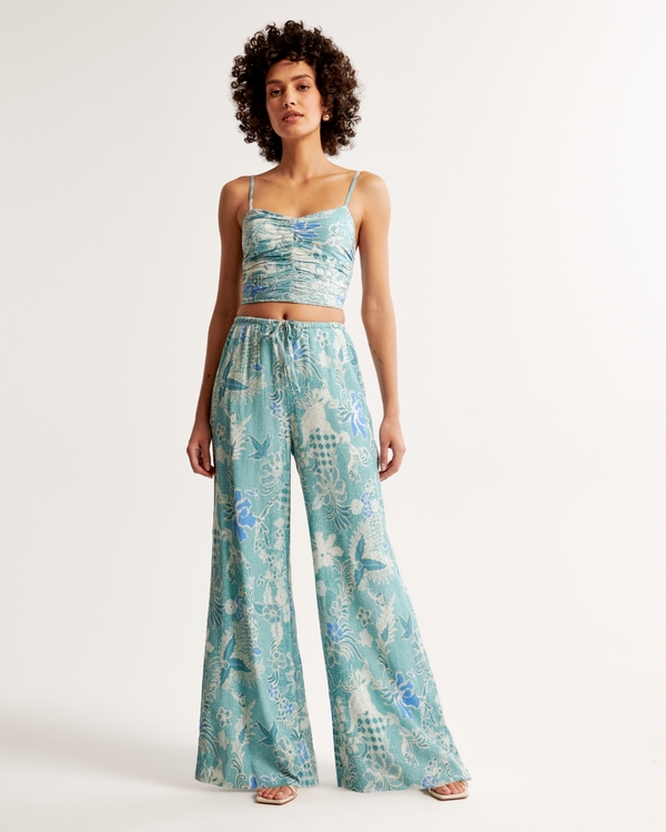 Crinkle Textured Pull-On Palazzo Pant, Blue Floral