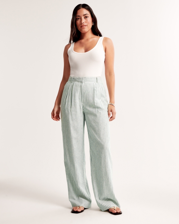 Curve Love A&F Sloane Tailored Linen-Blend Pant, Green Stripe