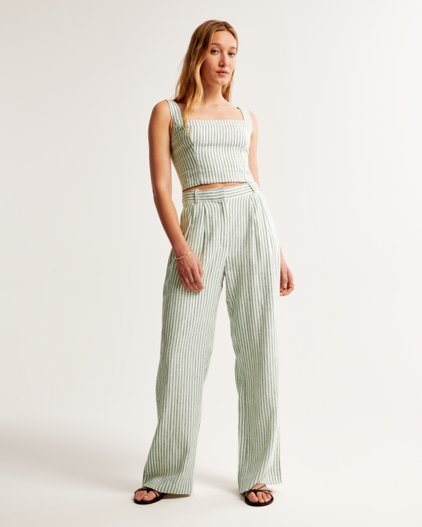 A&F Sloane Tailored Linen-Blend Pant, Green Stripe