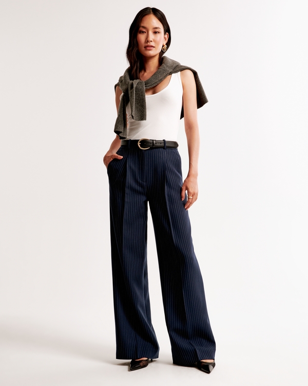 A&F Harper Tailored Wide Leg Pant, Navy Stripe