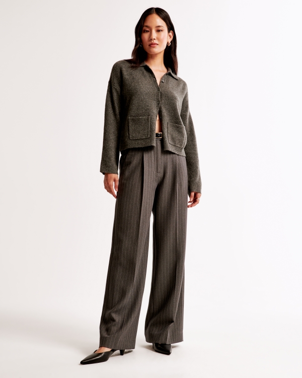 A&F Harper Tailored Wide Leg Pant, Grey Pinstripe