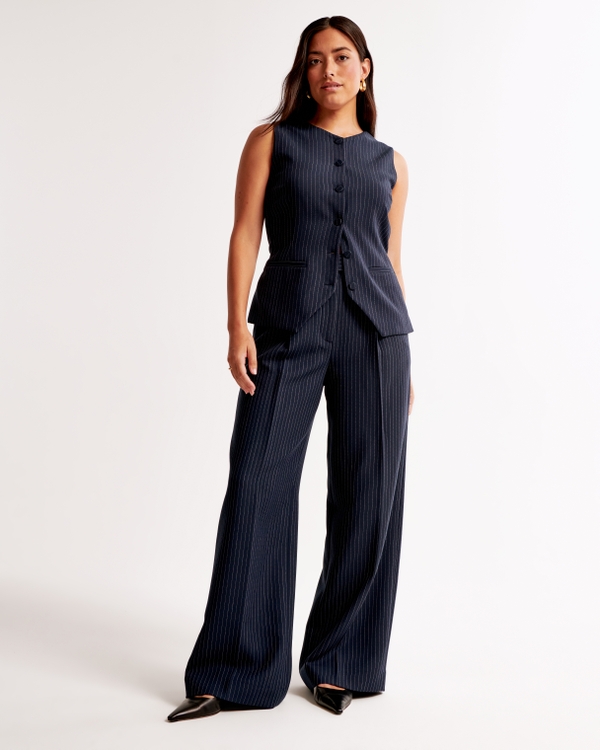 Curve Love A&F Harper Tailored Wide Leg Pant, Navy Stripe