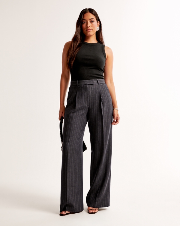 Curve Love A&F Harper Tailored Wide Leg Pant, Grey Pinstripe