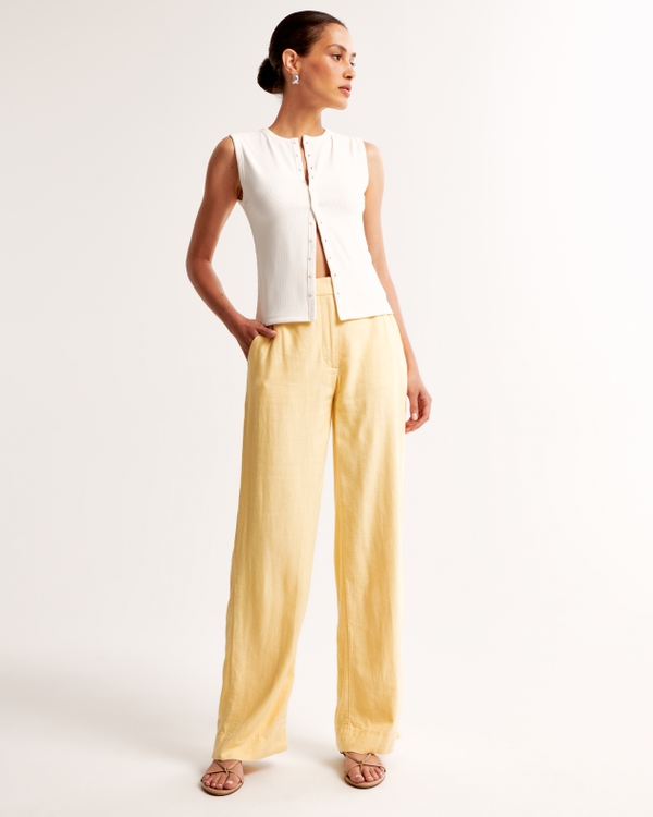 Linen-Blend Tailored Straight Pant, Sunny Yellow