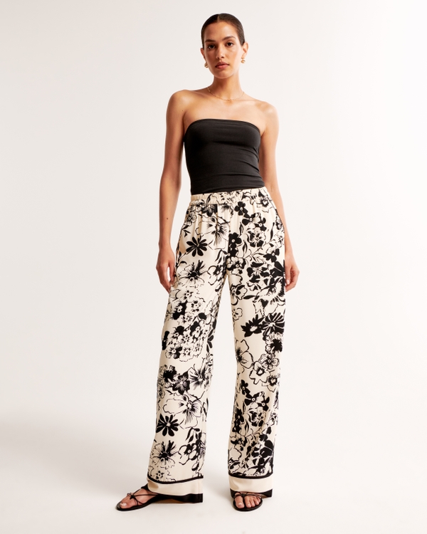 Drapey Pull-On Pant, Cream And Black Floral