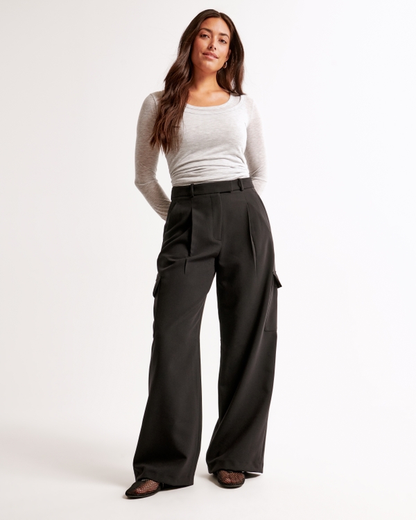 Curve Love A&F Harper Tailored Ultra Wide Leg Cargo Pant, Black