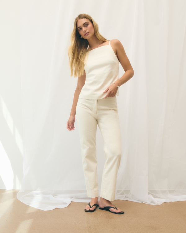 Mid Rise Linen-Blend Tailored Straight Pant, Cream