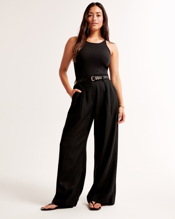 Curve Love A&F Harper Tailored Linen-Blend Pant, Black