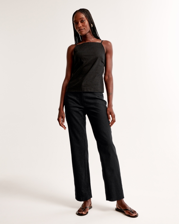 Mid Rise Linen-Blend Tailored Straight Pant, Black