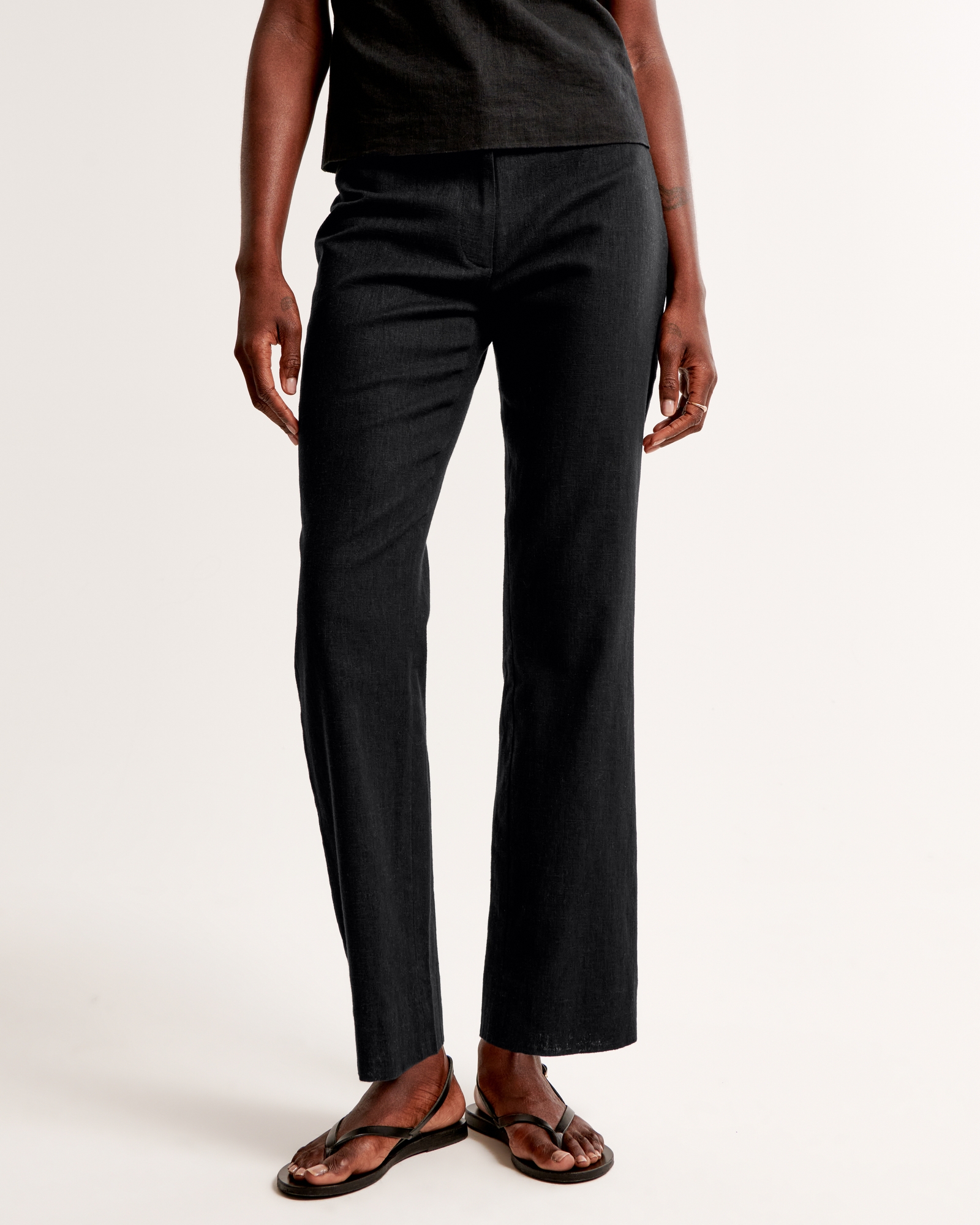 Mid Rise Linen-Blend Tailored Straight Pant