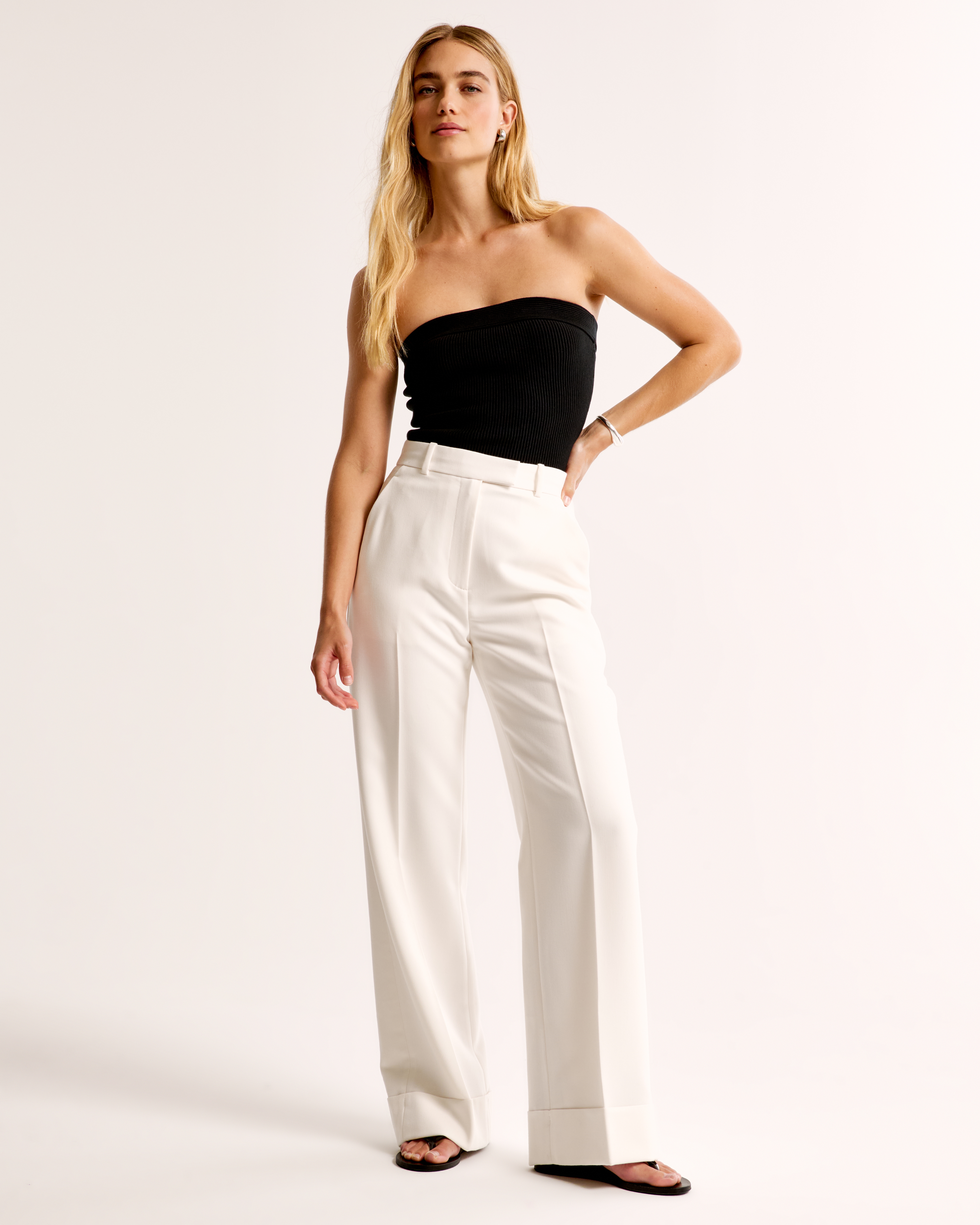 Женские брюки Abercrombie & Fitch Cuffed Hem Tailored Wide Leg Pant, цвет: Кремовый — фото 2