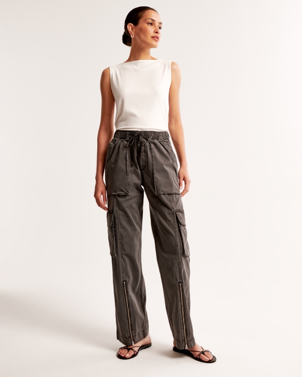 Pull-On Wide Leg Cargo Pant, Dark Grey view 1