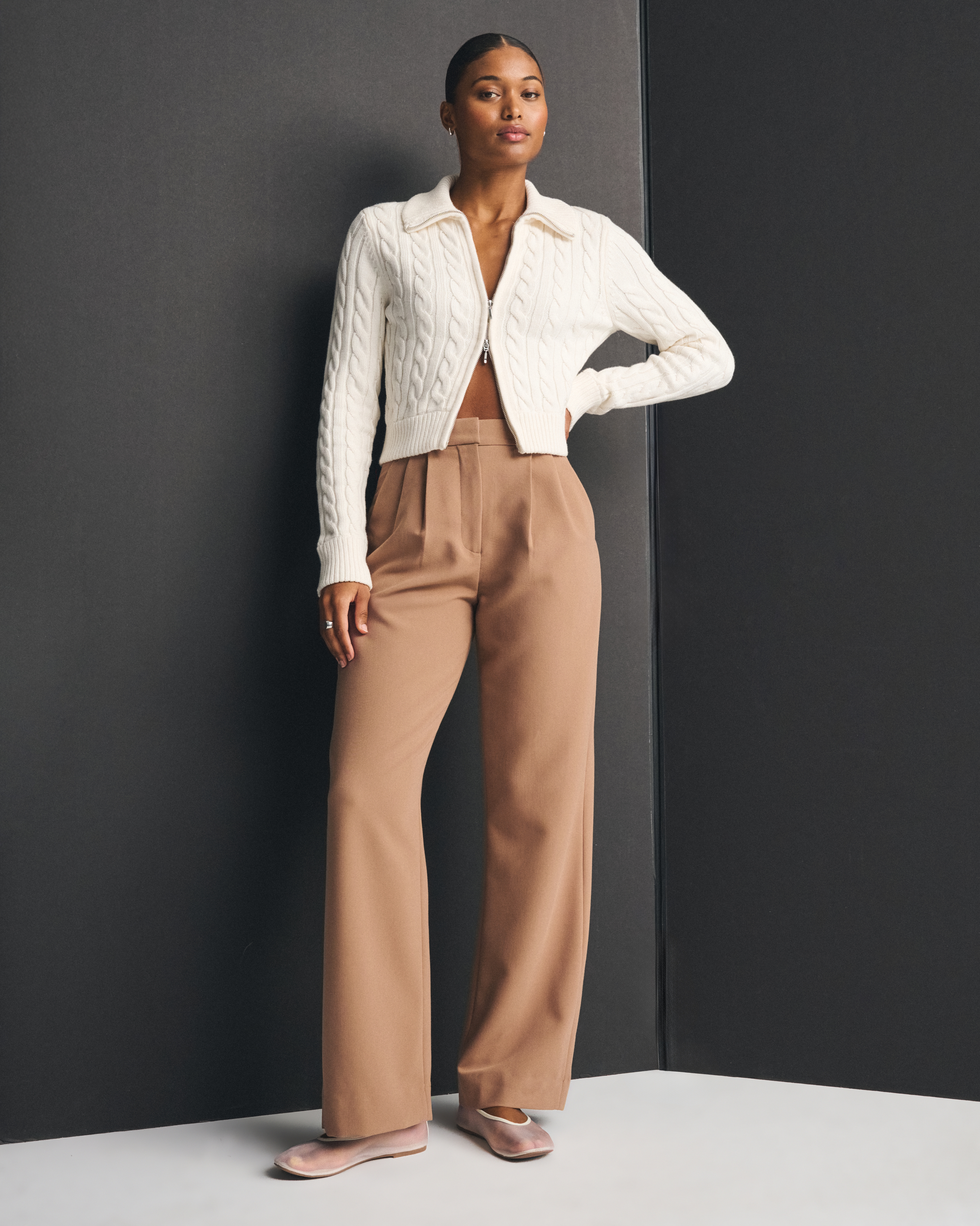 Abercrombie & Fitch Curve Love A&f Sloane Tailored Wide Leg Pant In Brown