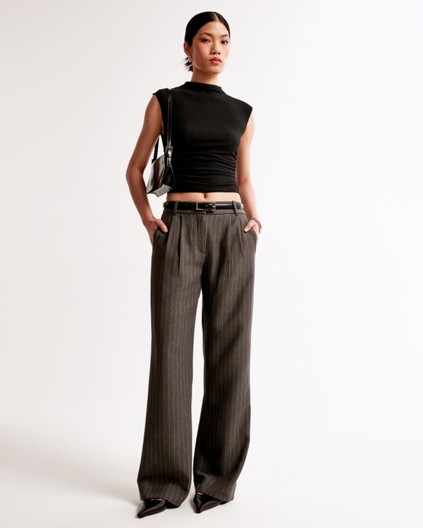 A&F Sloane Low Rise Tailored Wide Leg Pant, Dark Gray Pinstripe